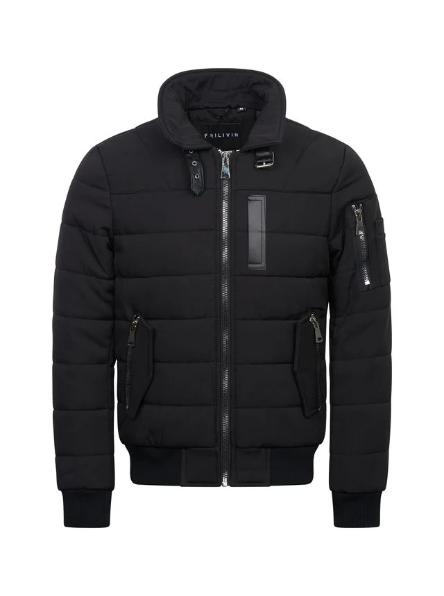 Black Bomber Jacket with Detachable Fur Collar - Image 3