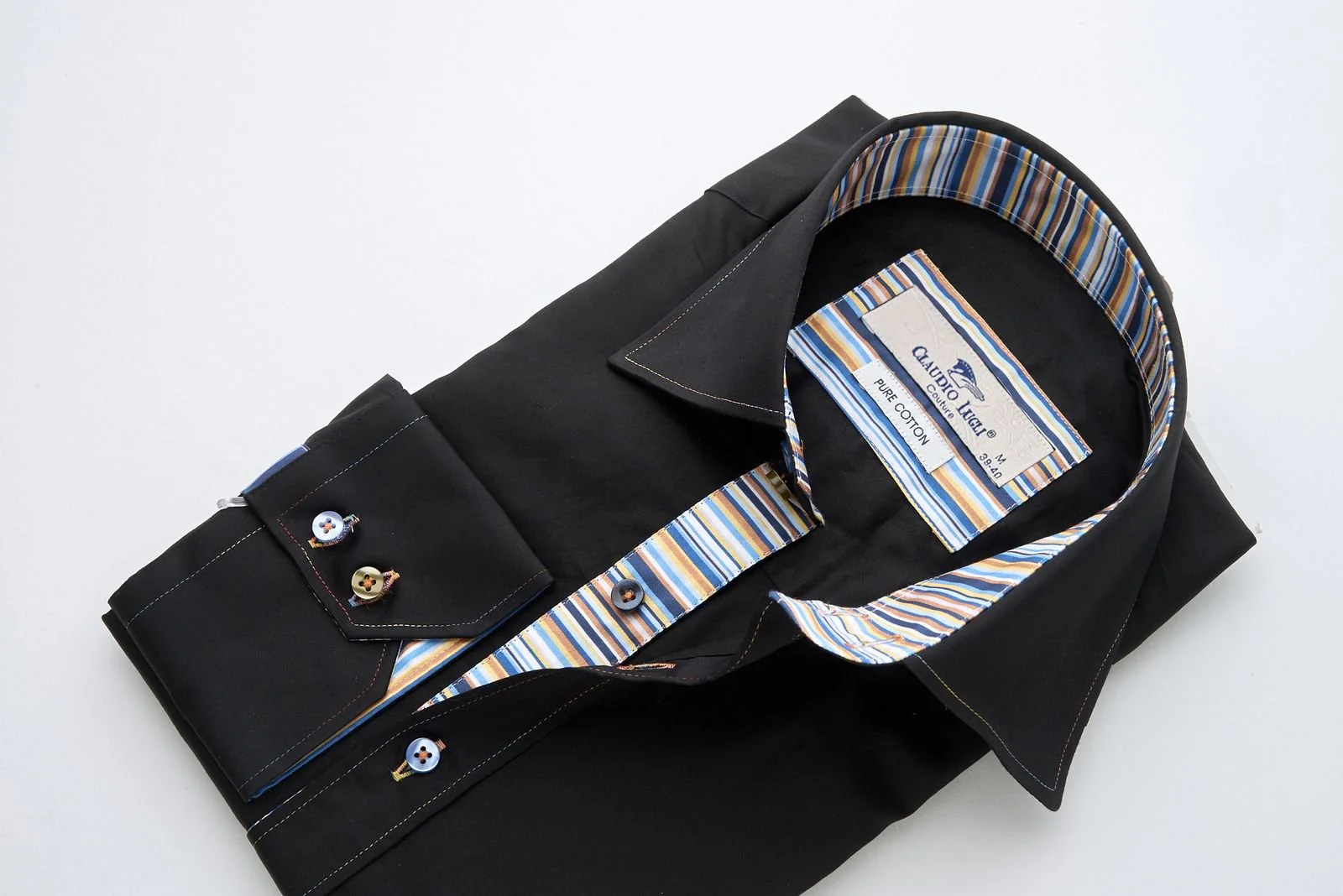 Black Shirt with Multicolour Stripe Contrast - Image 4