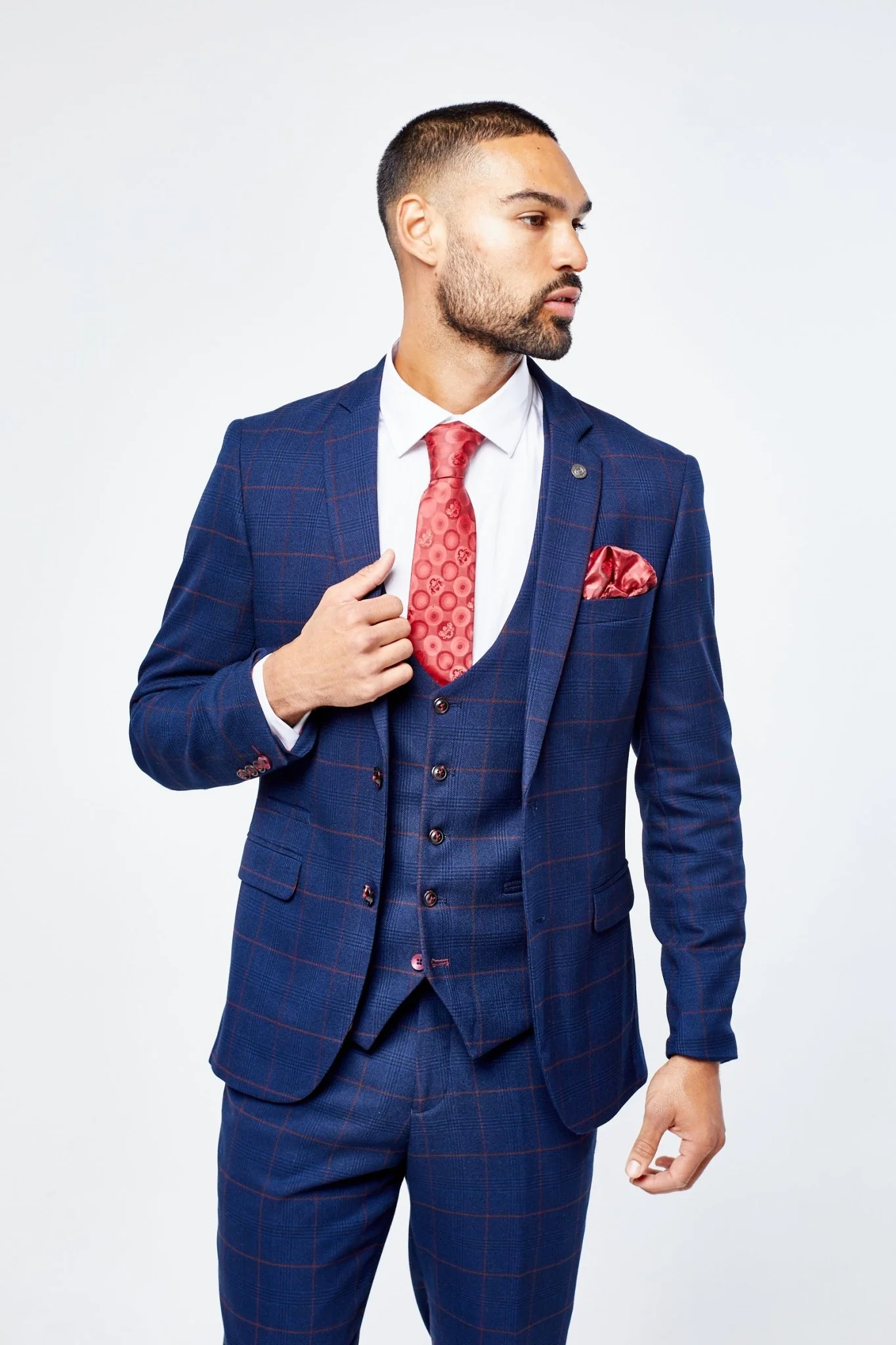 Edison Navy Wine Check Three Piece Suit - Image 5