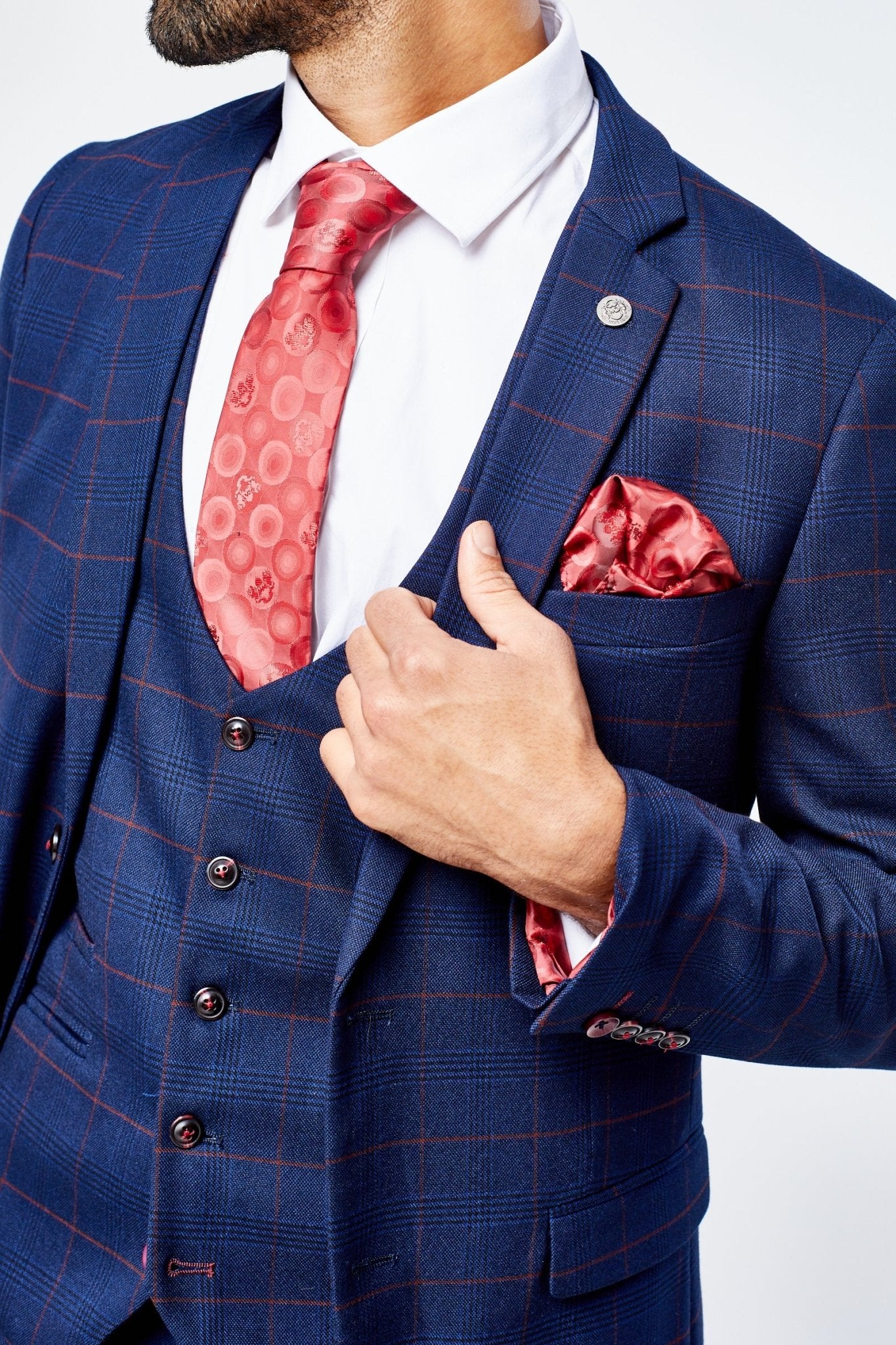Edison Navy Wine Check Three Piece Suit - Image 7