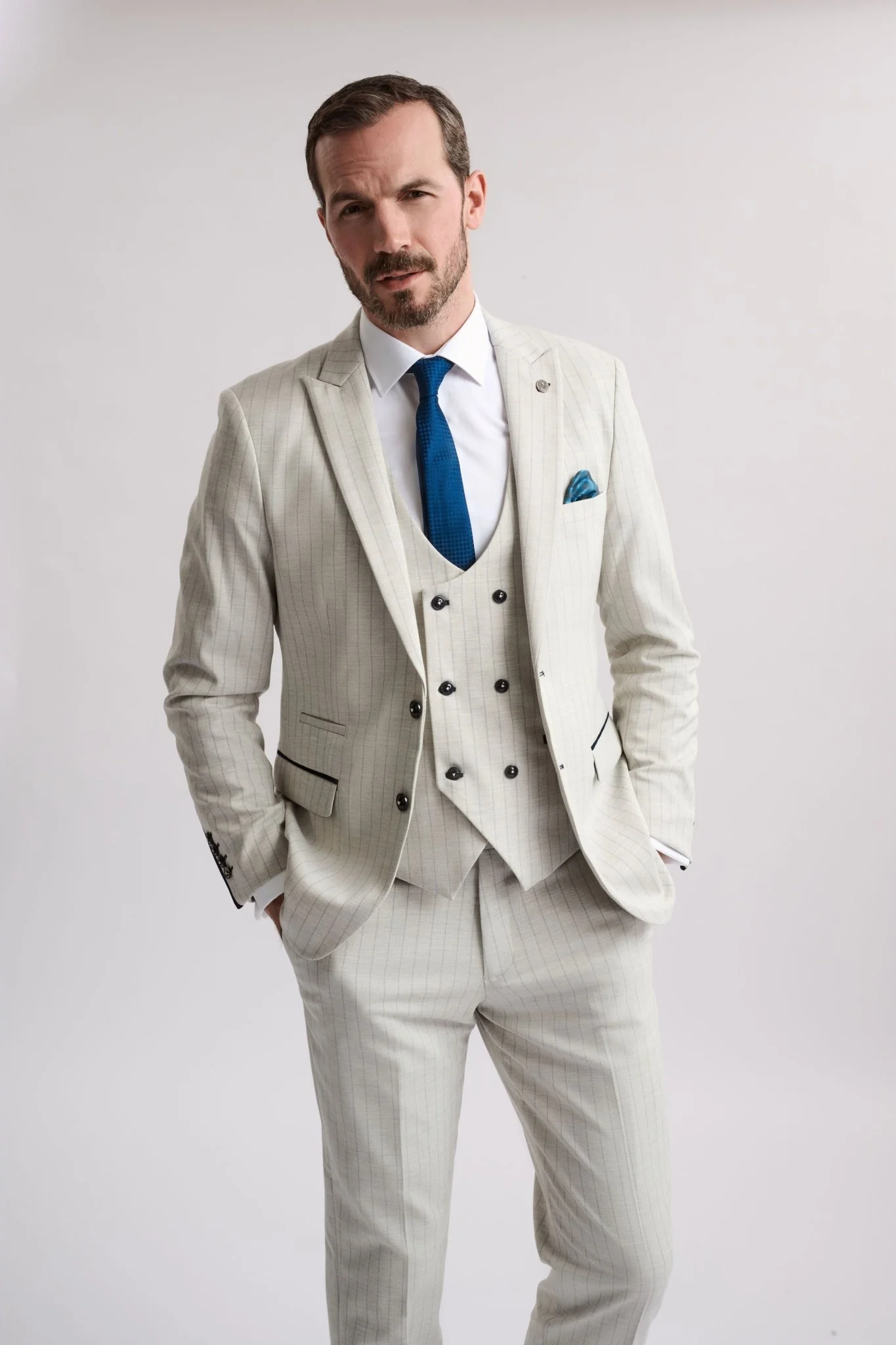 Grant Stone Pinstripe Double Breasted 3 Piece Suit - Image 3