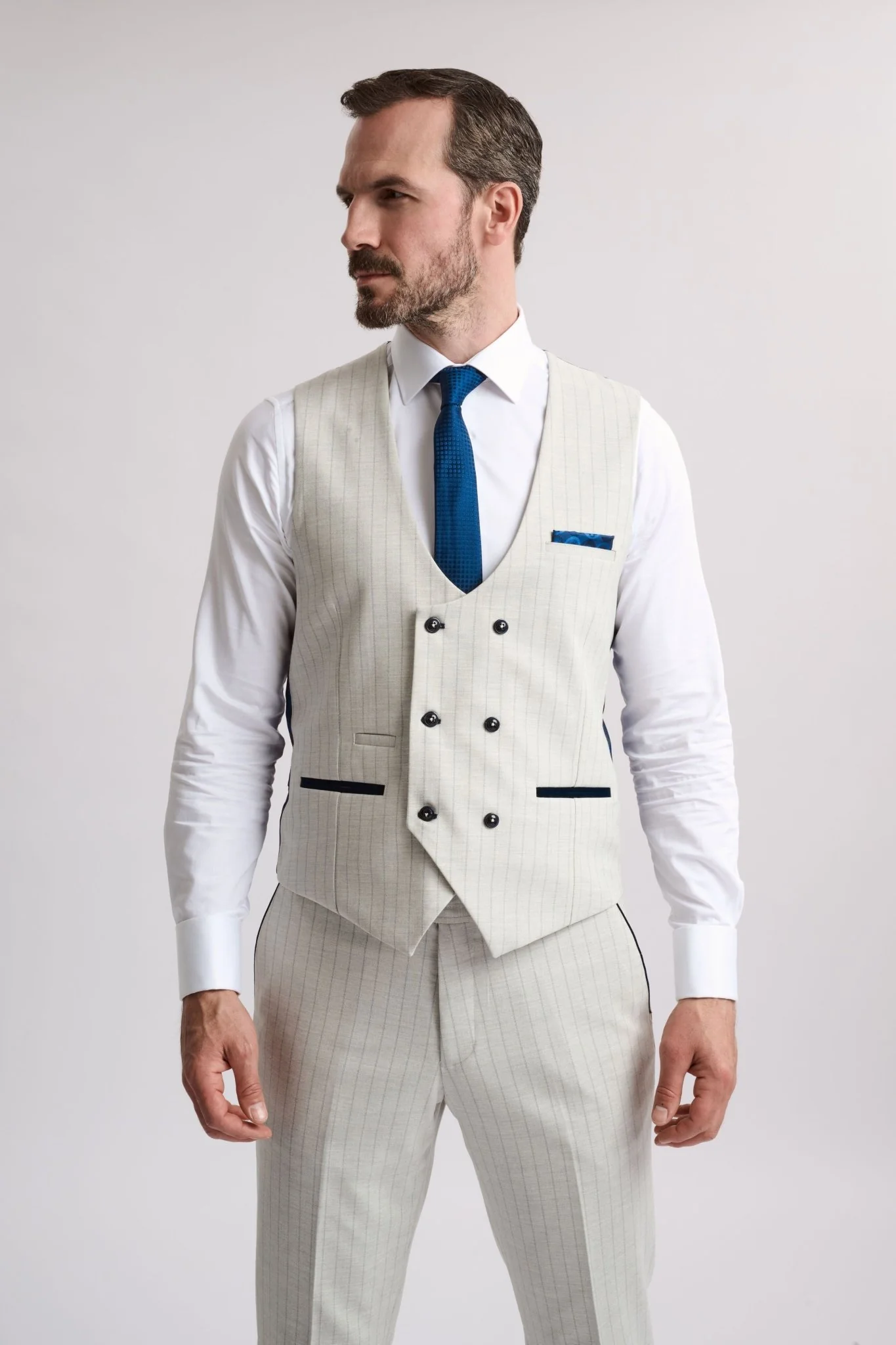 Grant Stone Pinstripe Double Breasted 3 Piece Suit - Image 9
