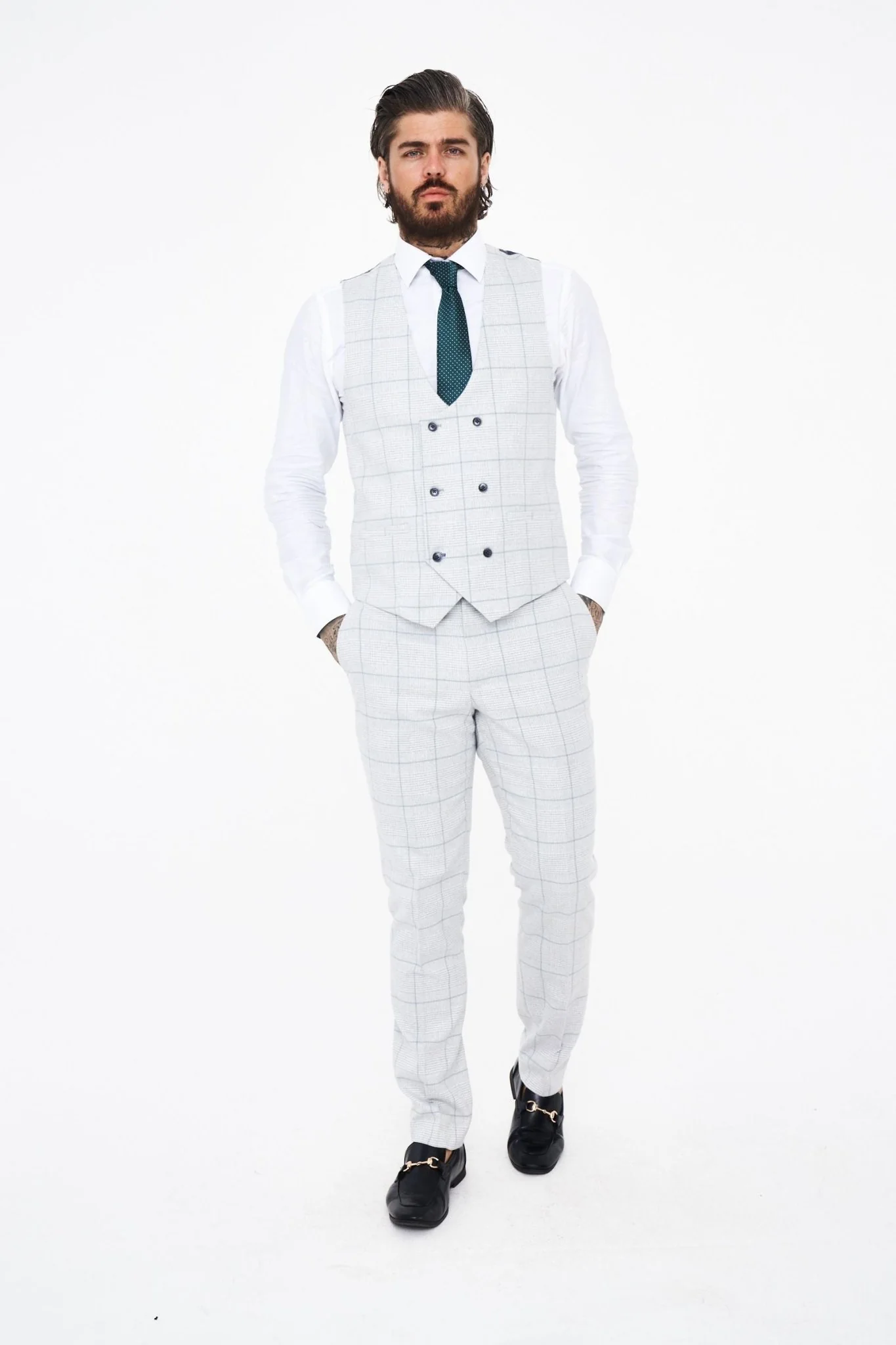 House of Cavani Radika Slim Fit Light Grey Check Suit - Image 3