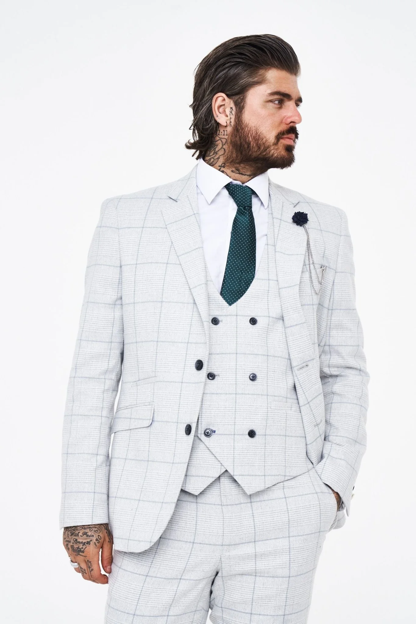House of Cavani Radika Slim Fit Light Grey Check Suit - Image 5