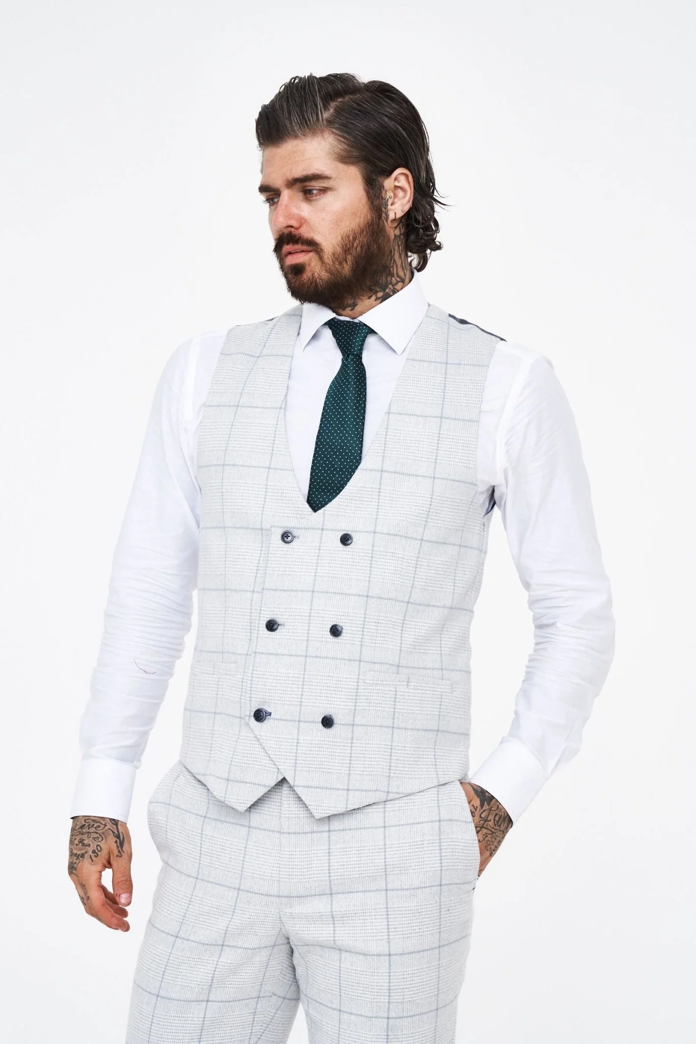House of Cavani Radika Slim Fit Light Grey Check Suit - Image 7
