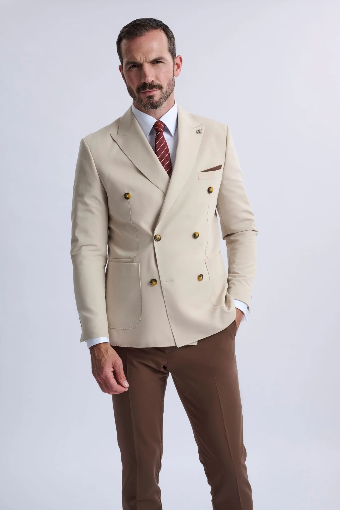 Leandro Fixed Double-Breasted Suit with Tobacco Trousers - Image 3