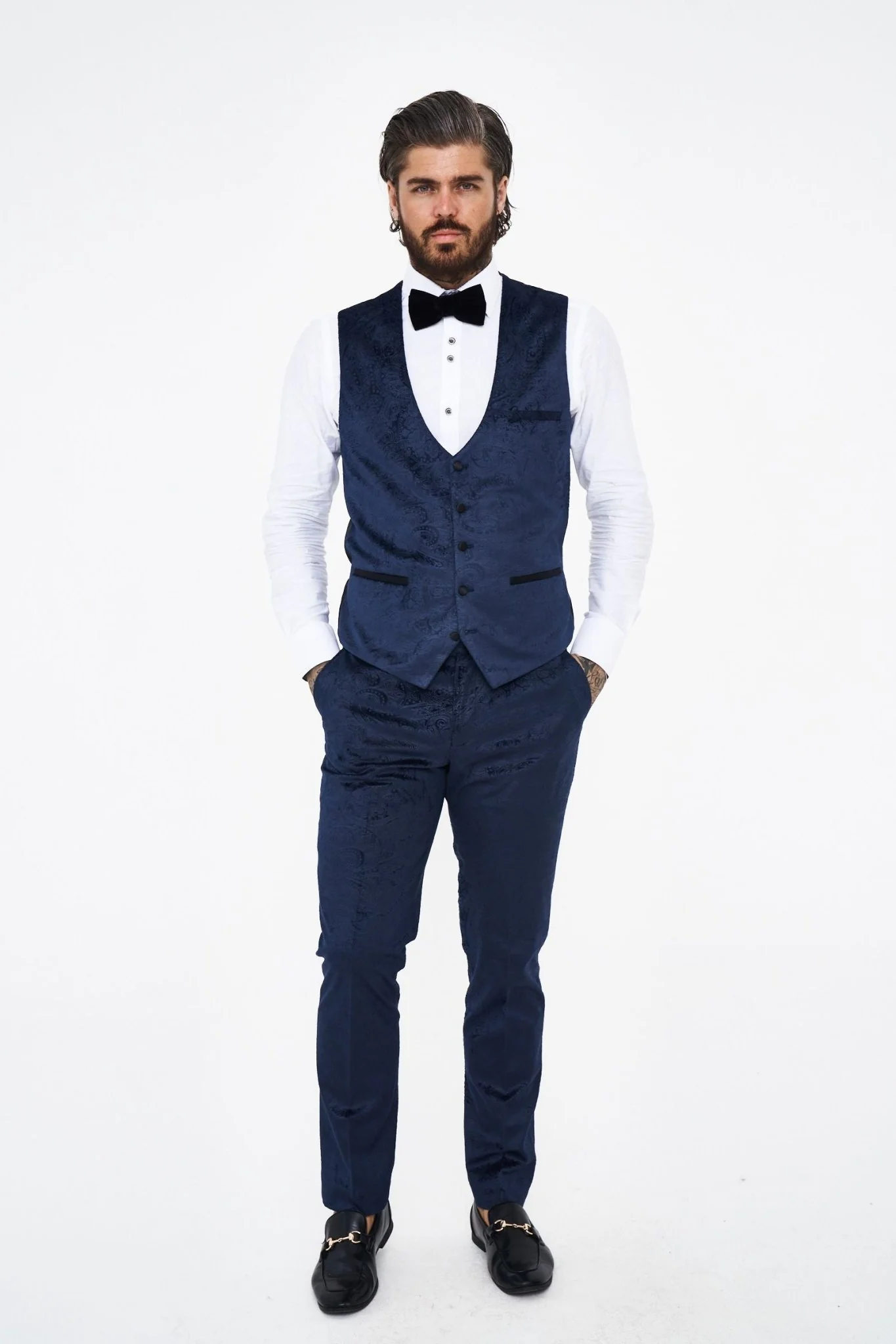 Marc Darcy Simon Navy Velvet Jacquard Waistcoat - Image 3
