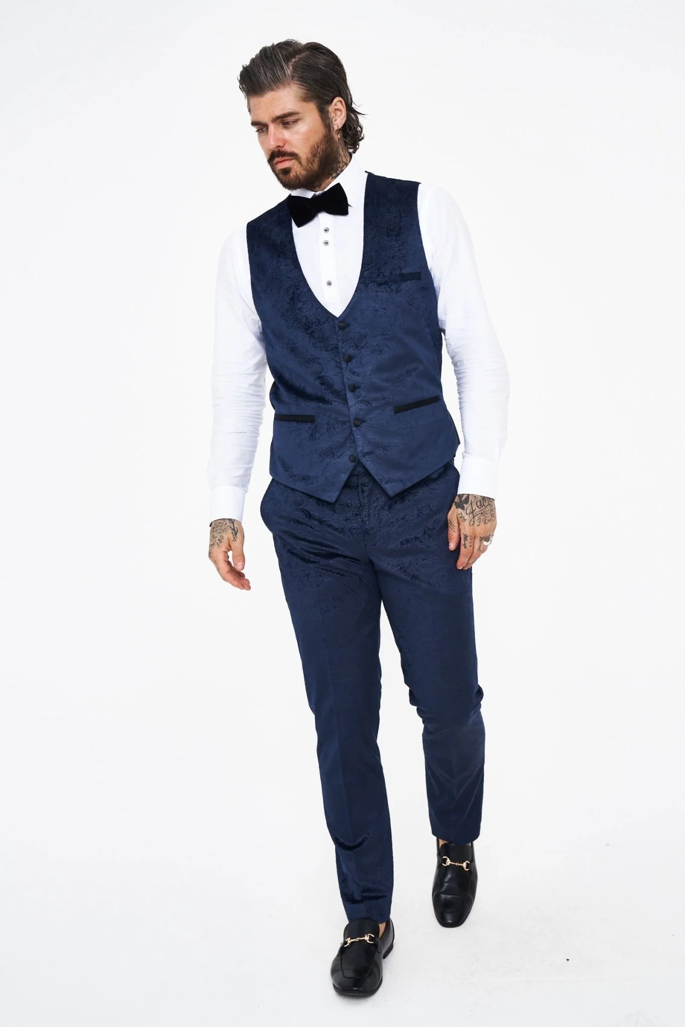 Marc Darcy Simon Navy Velvet Jacquard Waistcoat - Image 4