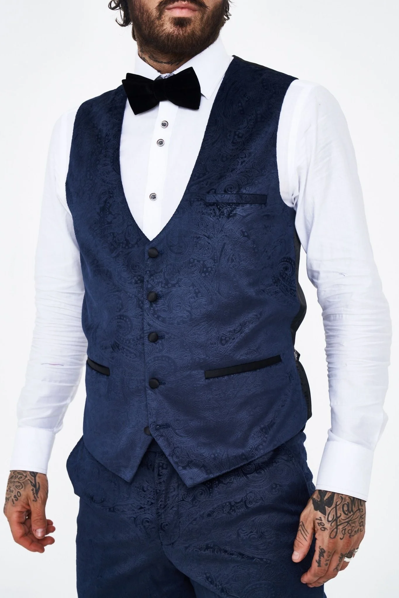 Marc Darcy Simon Navy Velvet Jacquard Waistcoat - Image 5