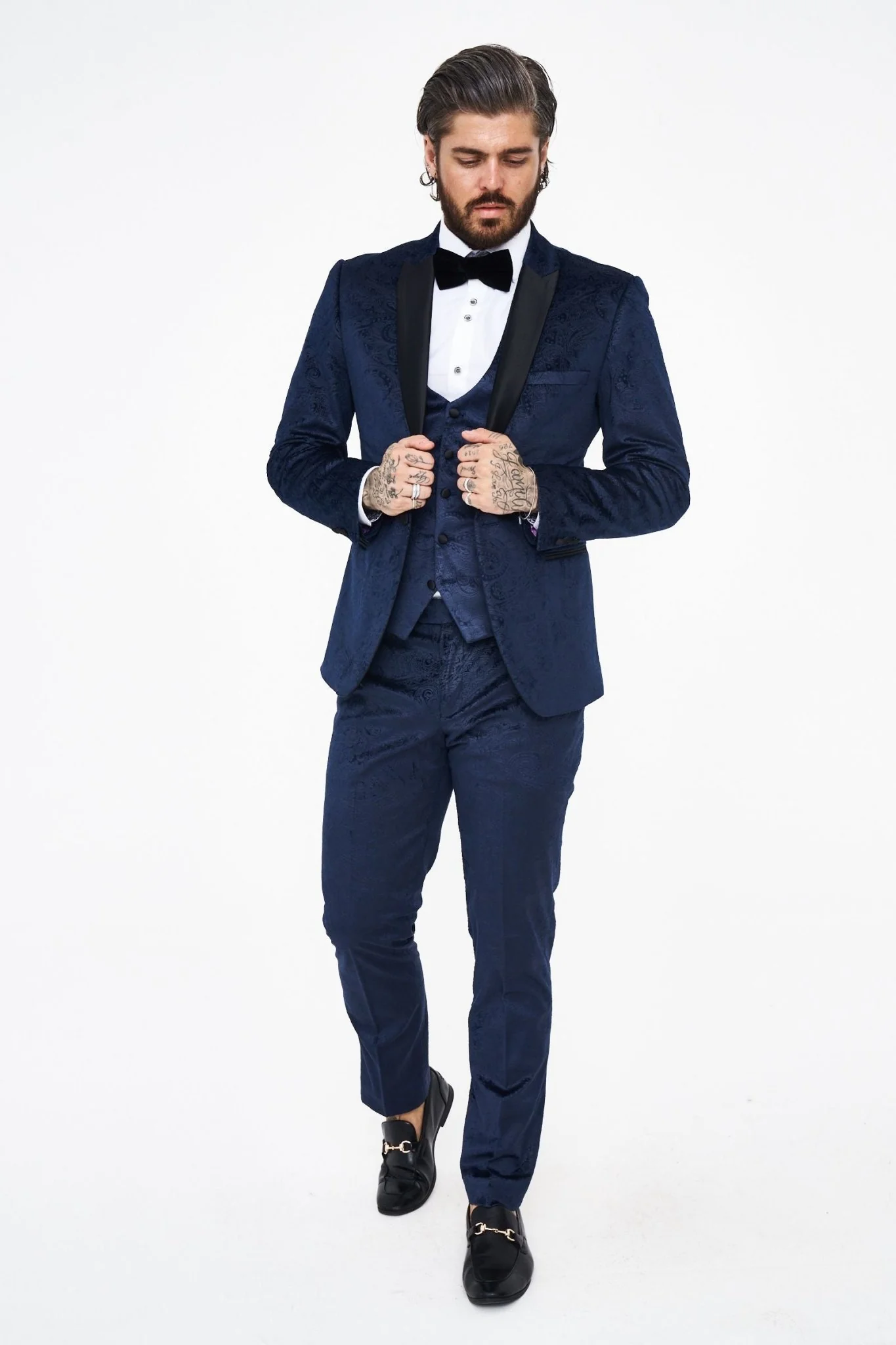 Marc Darcy Simon Velvet Navy Tux Jacquard Blazer - Image 3