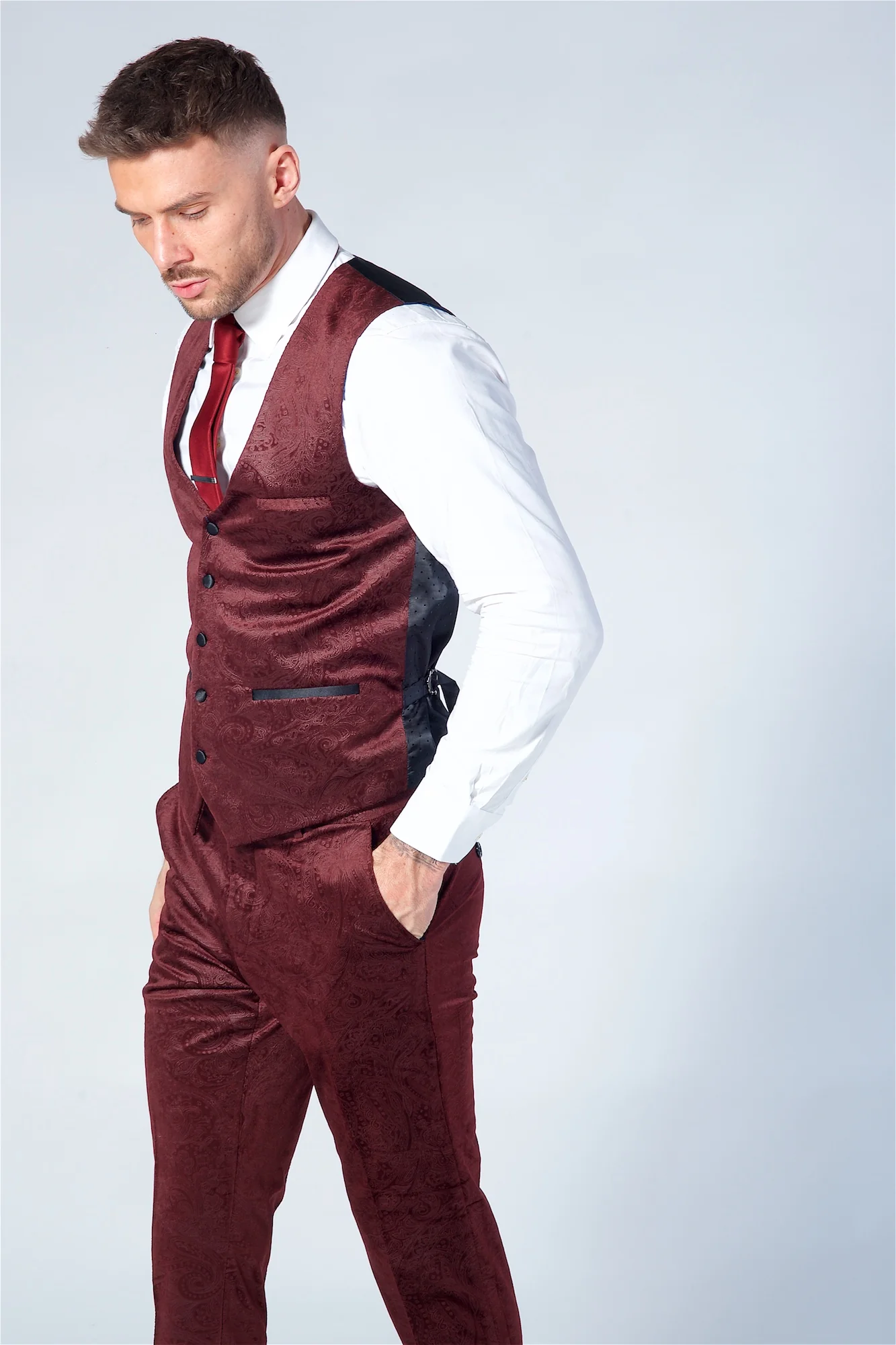 Marc Darcy Simon Wine Velvet Jacquard Waistcoat - Image 5