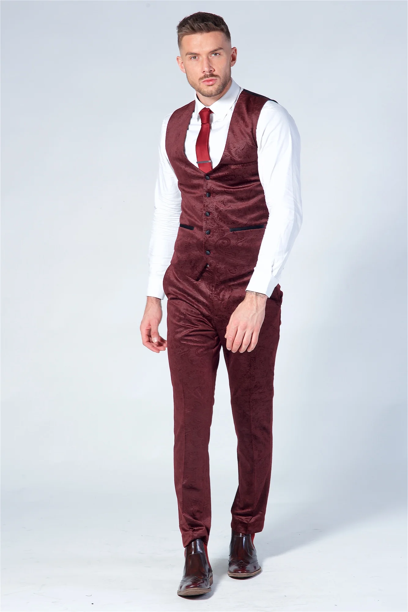 Marc Darcy Simon Wine Velvet Jacquard Waistcoat - Image 7