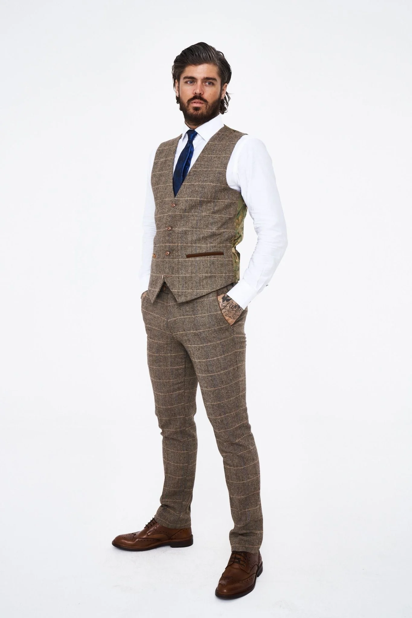 Marc Darcy Ted Tan Tweed Check Three piece Suit - Image 3
