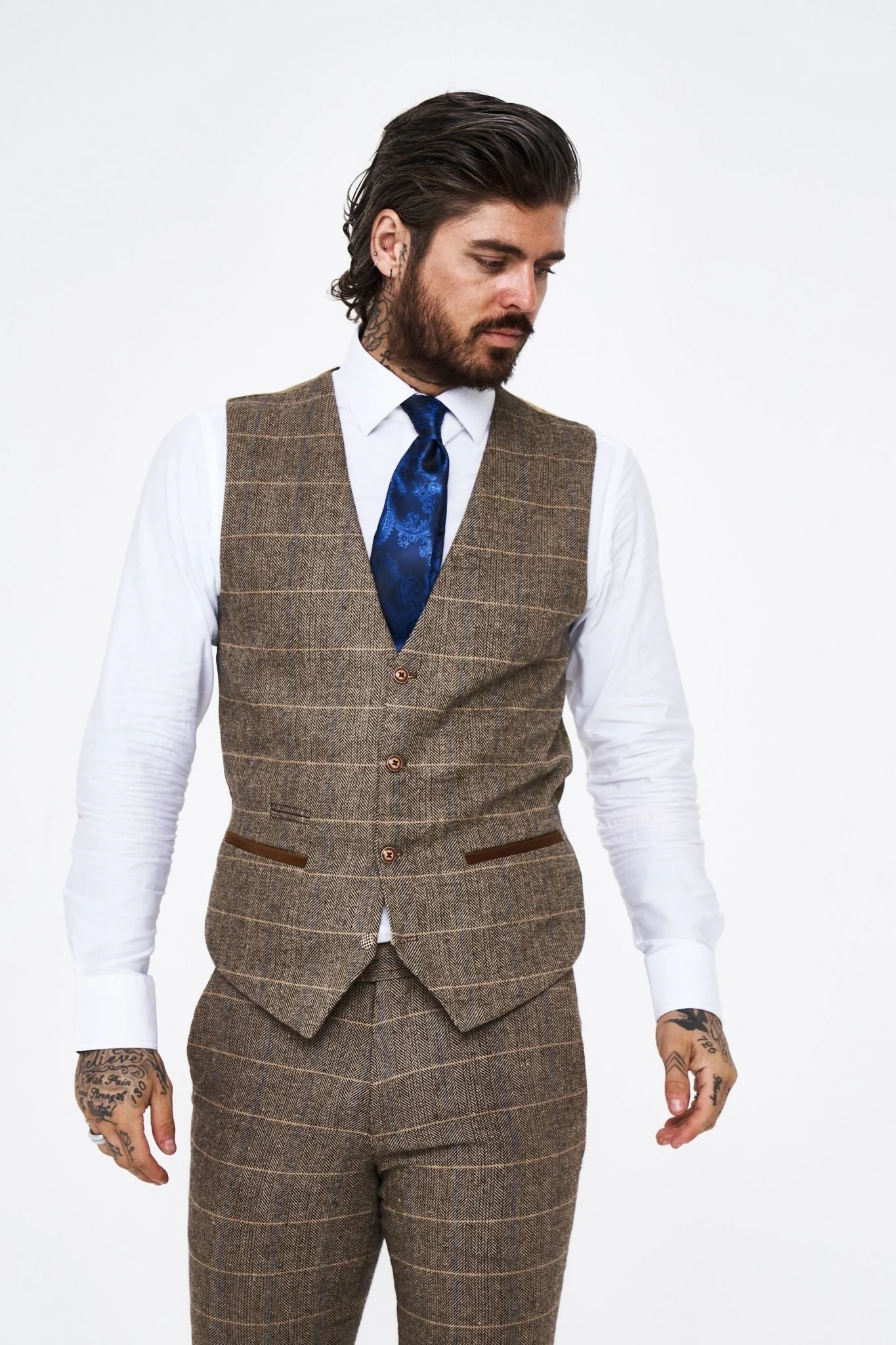 Marc Darcy Ted Tan Tweed Check Three piece Suit - Image 6