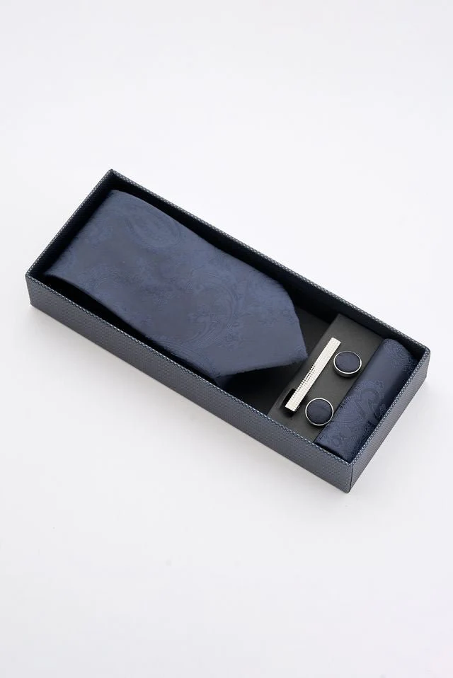 Midnight Blue Paisley Tie Set with Tie Bar & Cufflinks