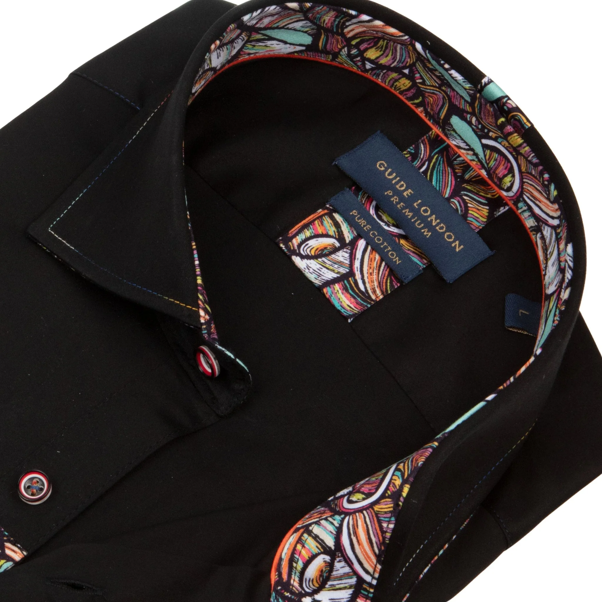 Black Plain Shirt with Floral Patterned Inner Collar and Cuffs - Image 2
