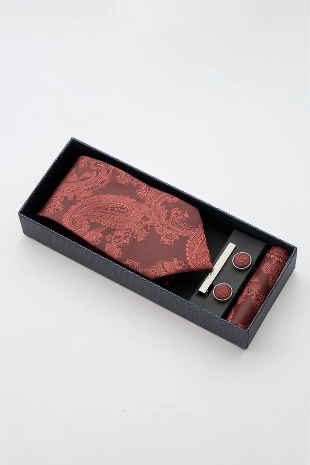 Paisley Burgundy Tie Set with Tie Bar & Cufflinks