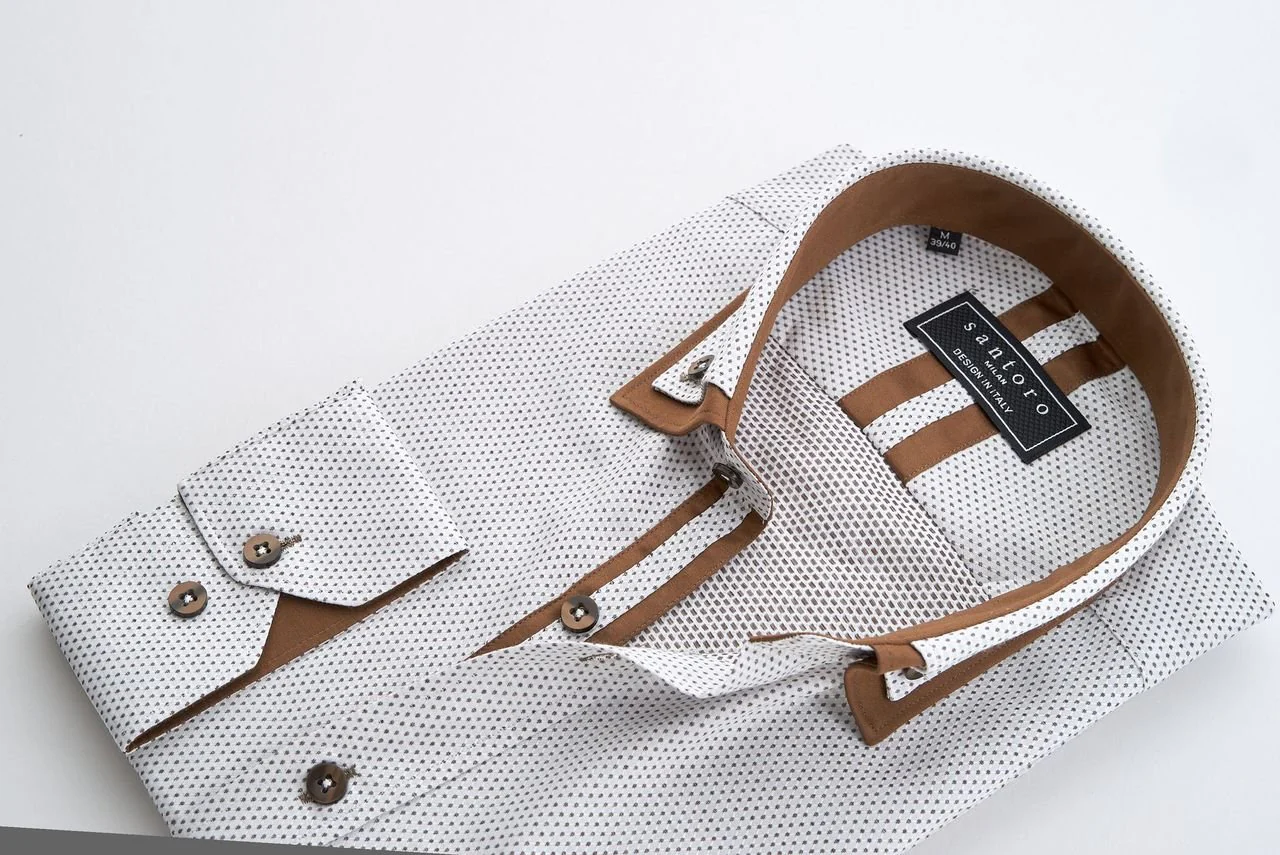 White Shirt with Brown Contrast Collar & Trim - Image 4