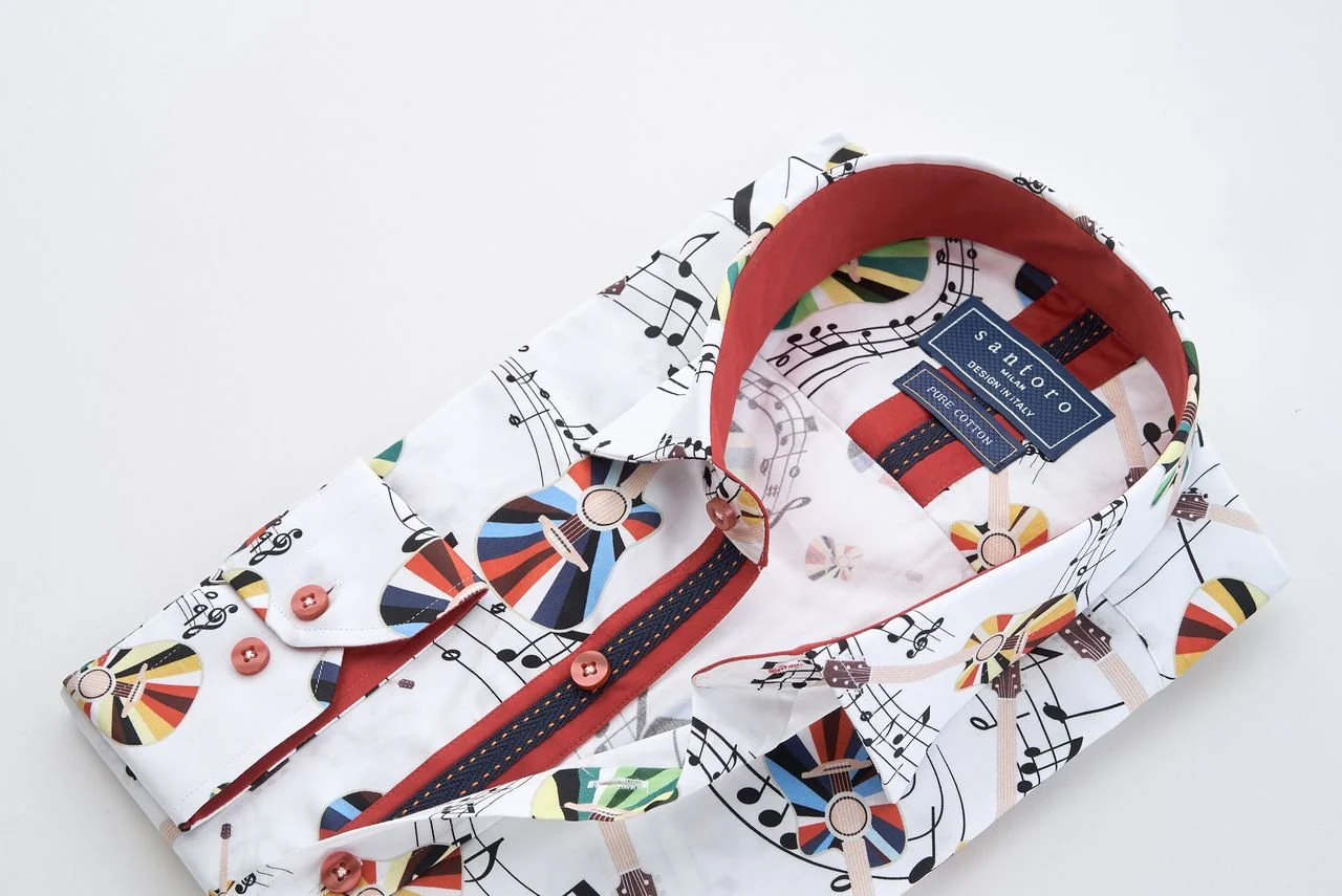 White Musical Notes & Guitar Print Shirt - Image 3
