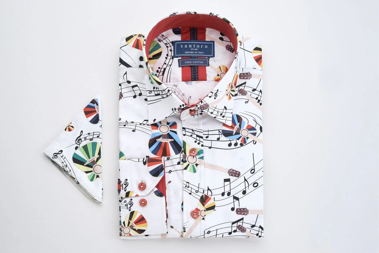 White Musical Notes & Guitar Print Shirt - Image 4