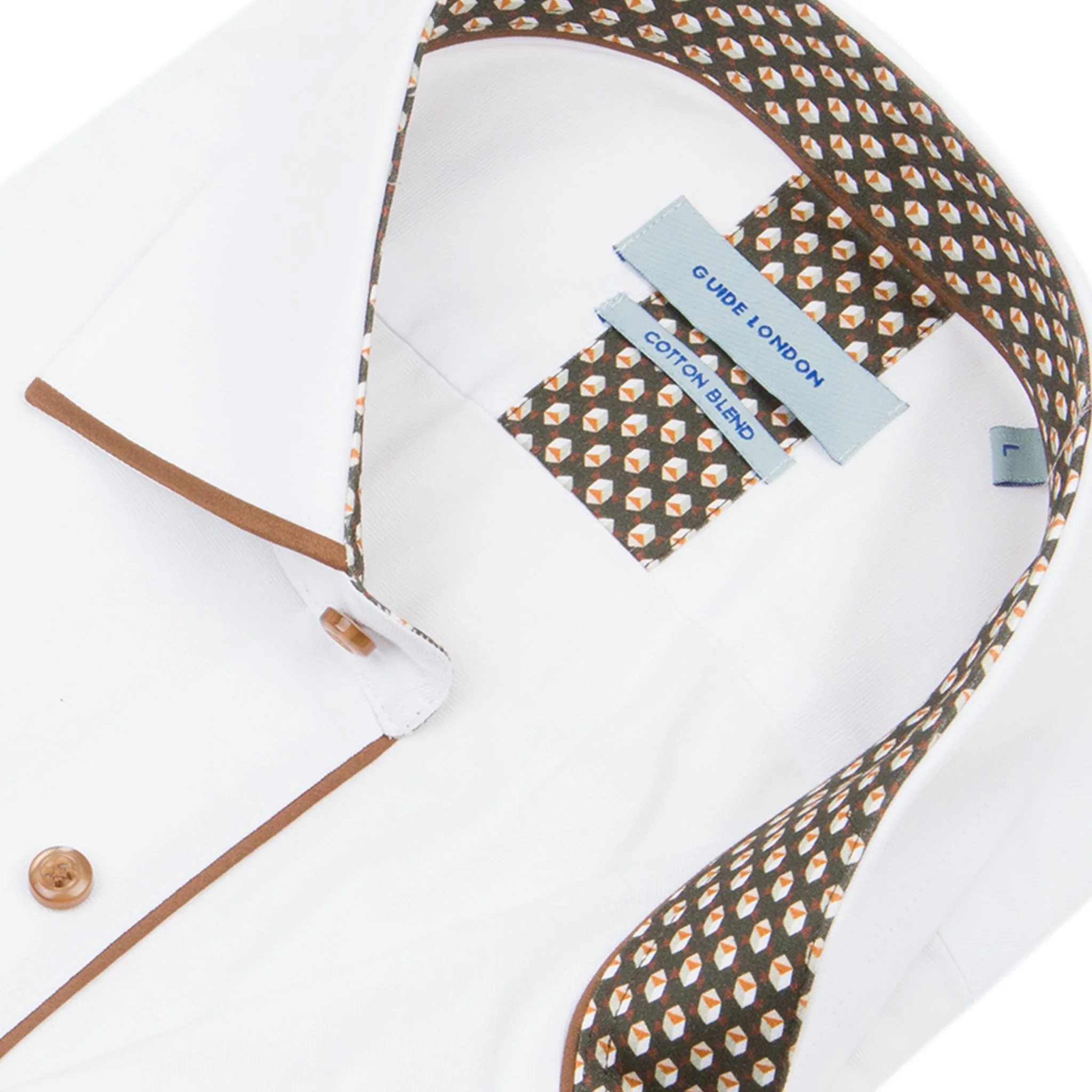 White Tan Long Sleeve Panelled Collar End on End Shirt - Image 2