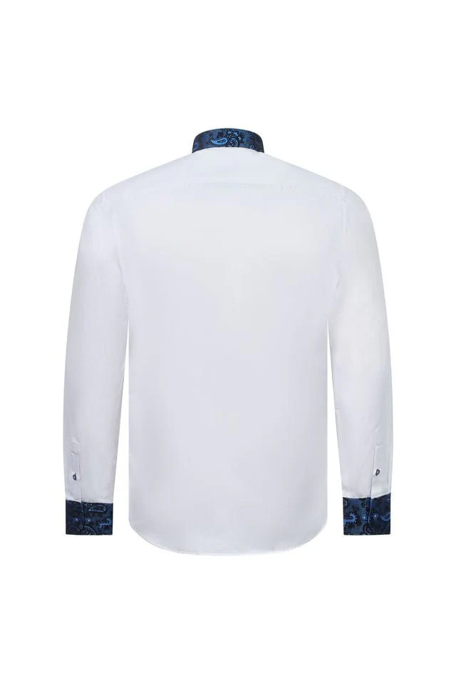 White Shirt with Blue Paisley Contrast Collar & Cuffs - Image 3