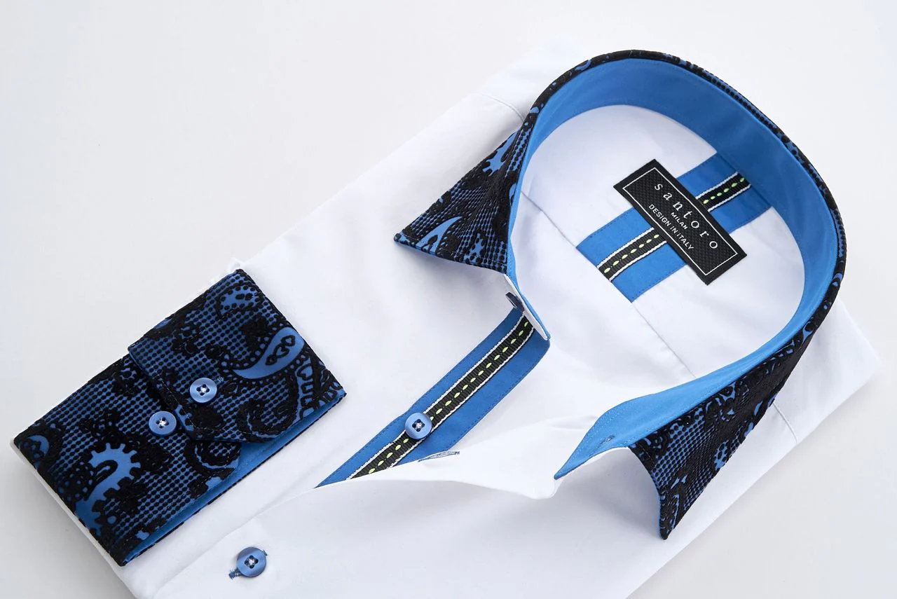 White Shirt with Blue Paisley Contrast Collar & Cuffs - Image 4